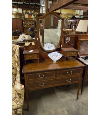 Wood Vanity with Shield Mirror and Check Inlaid Pattern