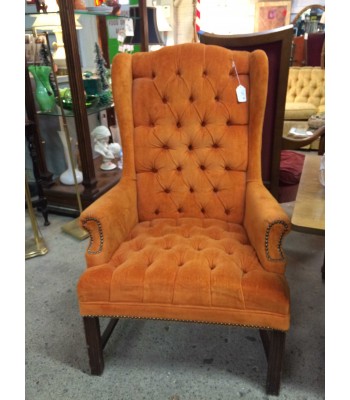 SOLD - Orange Velvet Tufted Wingback Chair