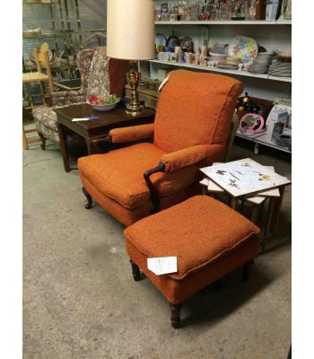 SOLD - Vintage Orange Upholstered Chair and Ottoman