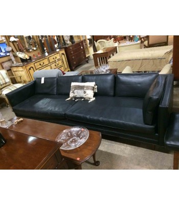 SOLD - Mid-Century Black Vinyl Sofa and Ottoman