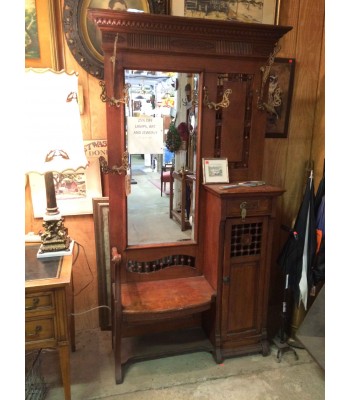 SOLD - Victorian Hall Tree with Seat and Cabinet